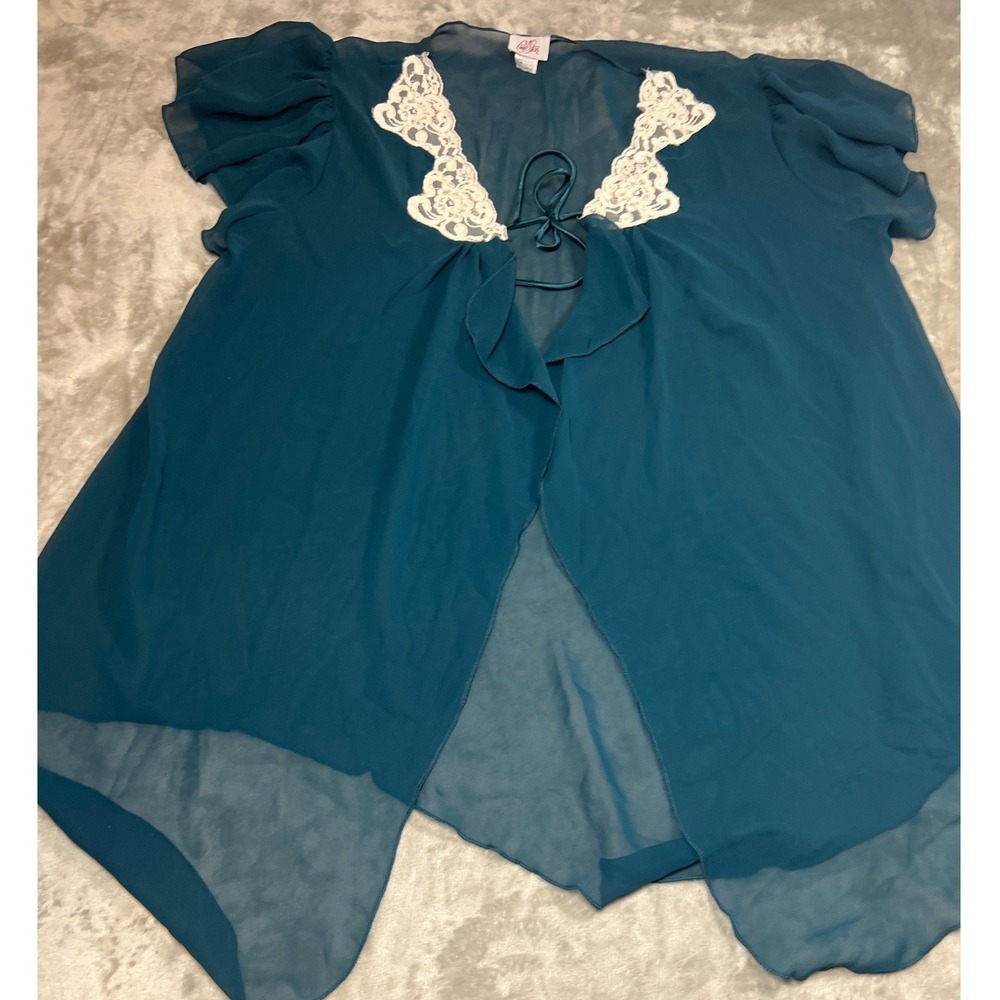 Vtg Cine Star Sheer Teal Chiffon Tie Front Bed Jacket Robe White Coquette XL‎